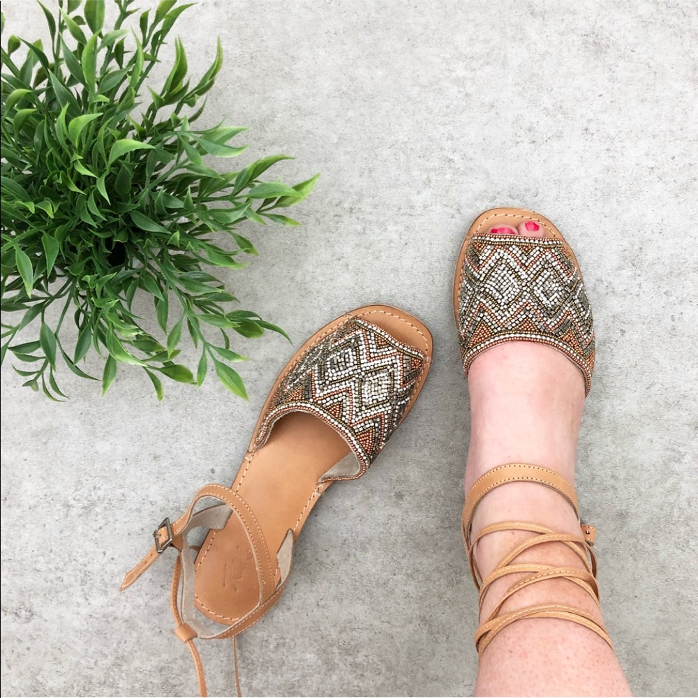 Rebels Tan Camel Leather Beaded Wrap Sandal - Picture 3 of 7